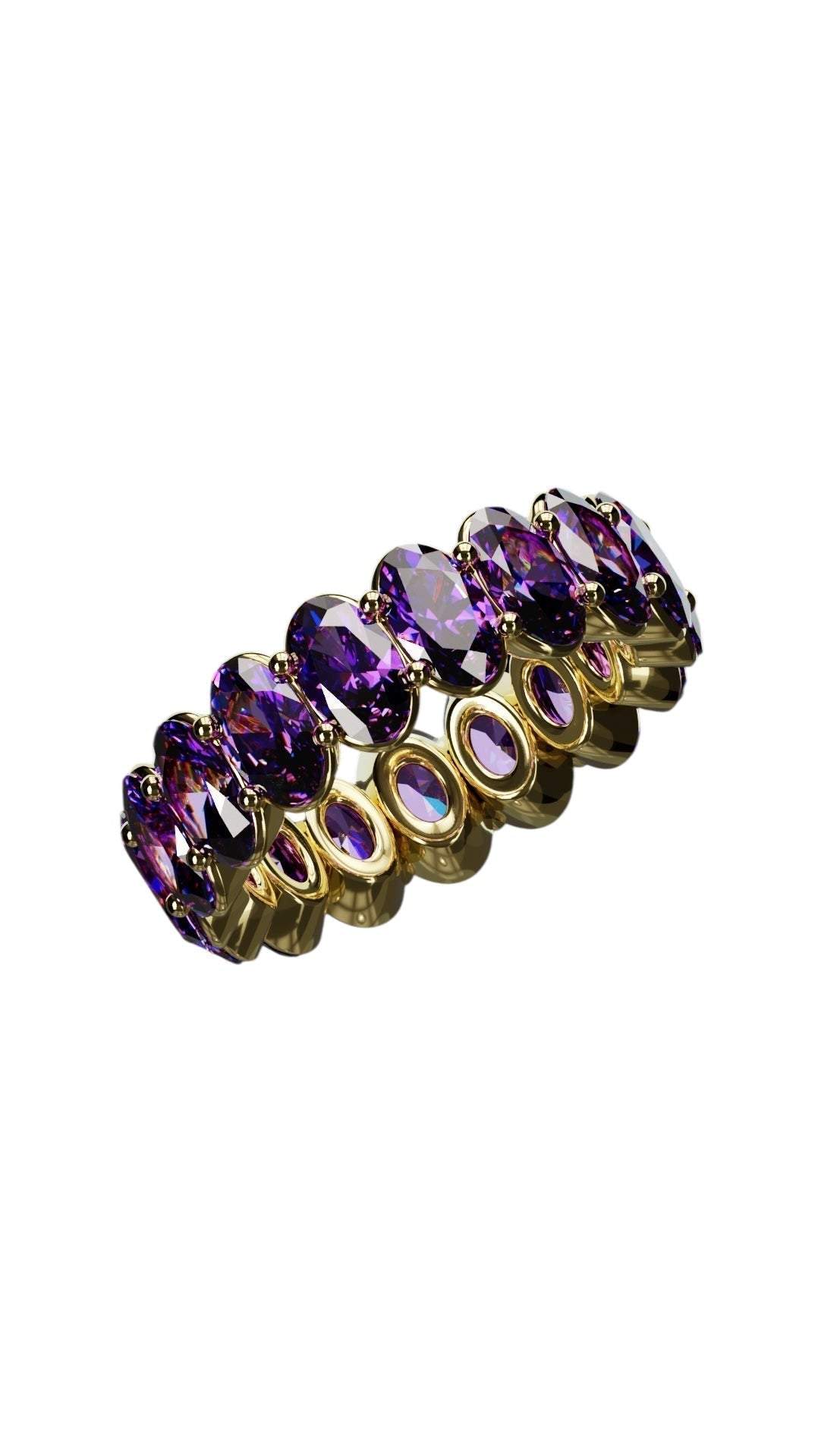 Natural oval cut amethyst ring with 3x5mm purple gemstones in gold setting