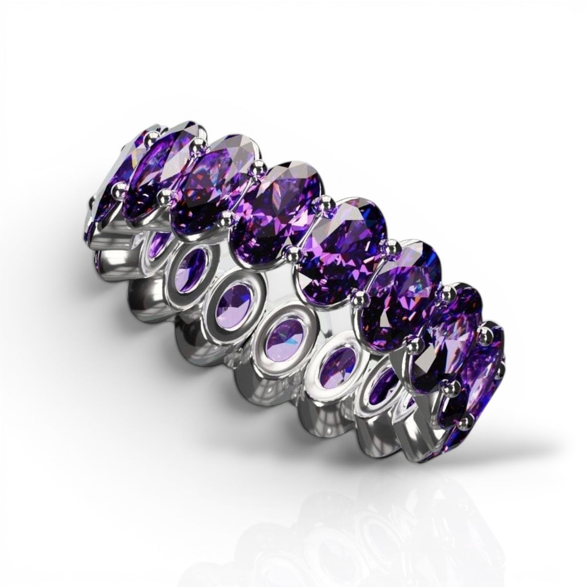 Natural oval cut amethyst ring with 3x5mm stones in silver setting