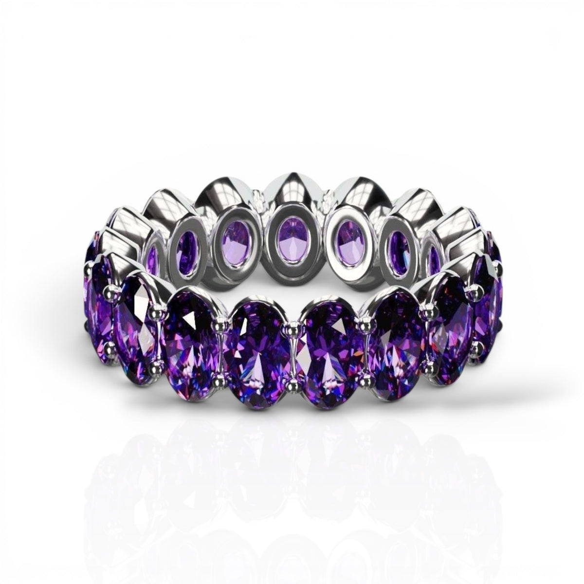 Natural oval cut amethyst ring with 3x5mm stones in silver setting