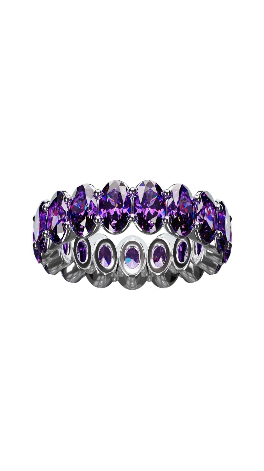 Natural oval cut amethyst ring with 3x5mm purple gemstones in silver setting