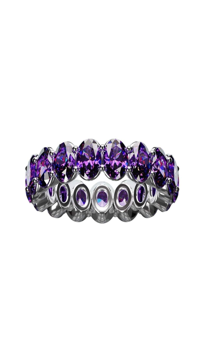 Natural oval cut amethyst ring with 3x5mm purple gemstones in silver setting