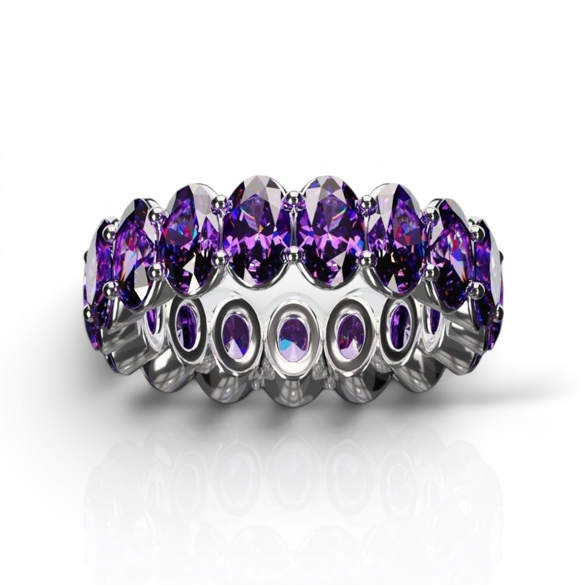 Natural oval cut amethyst ring with 3x5mm purple gemstones in silver setting