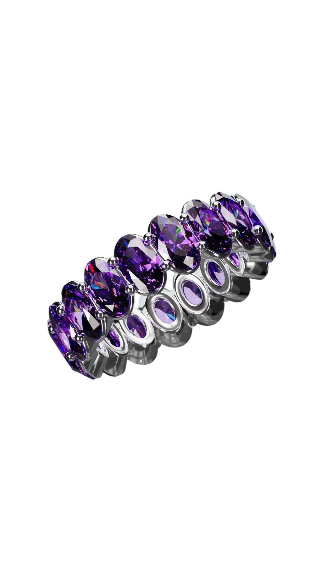Natural oval cut amethyst ring with 3x5mm purple gemstones in silver band