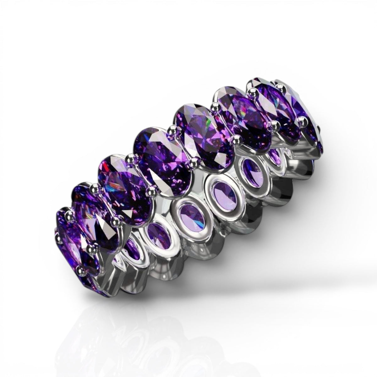 Natural oval cut amethyst ring with 3x5mm purple gemstones in silver band