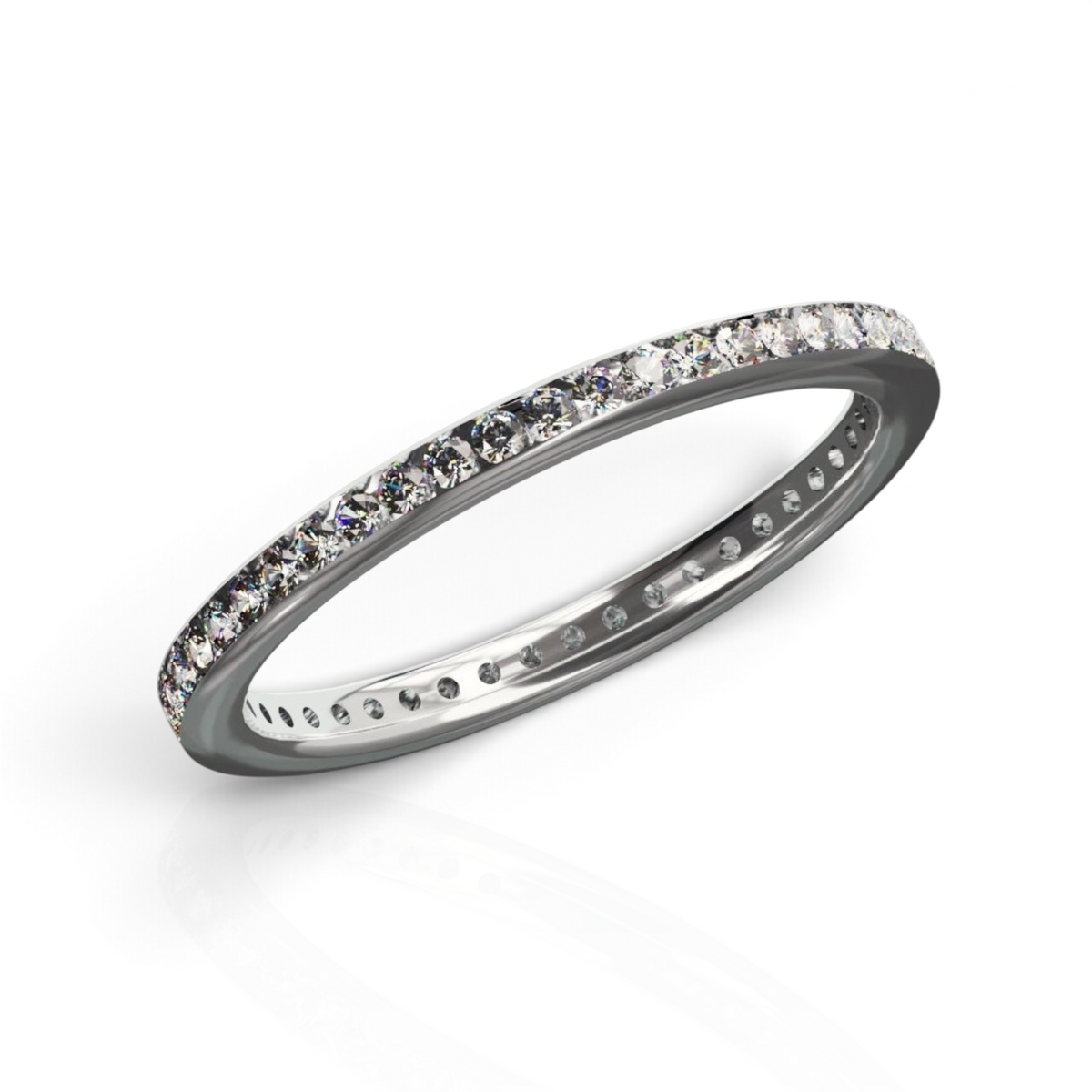 YFS Designs Zenith channel set eternity band featuring 1.3mm round lab diamonds in polished 14K white gold