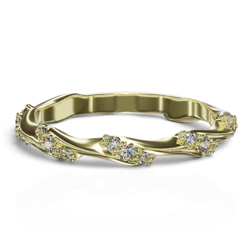 YFS Designs Fabi organic 2mm gold stackable wedding band featuring 0.14tw lab-grown round diamonds in a twisted design