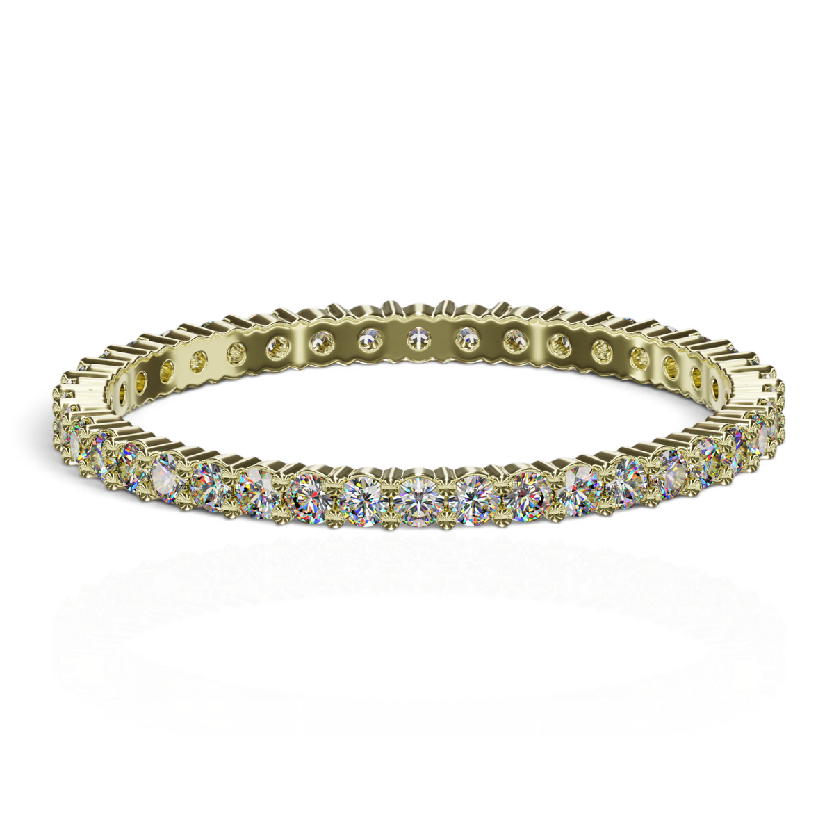 YFS Designs 1.5mm traditional eternity band ring featuring a continuous row of sparkling round diamonds in yellow gold