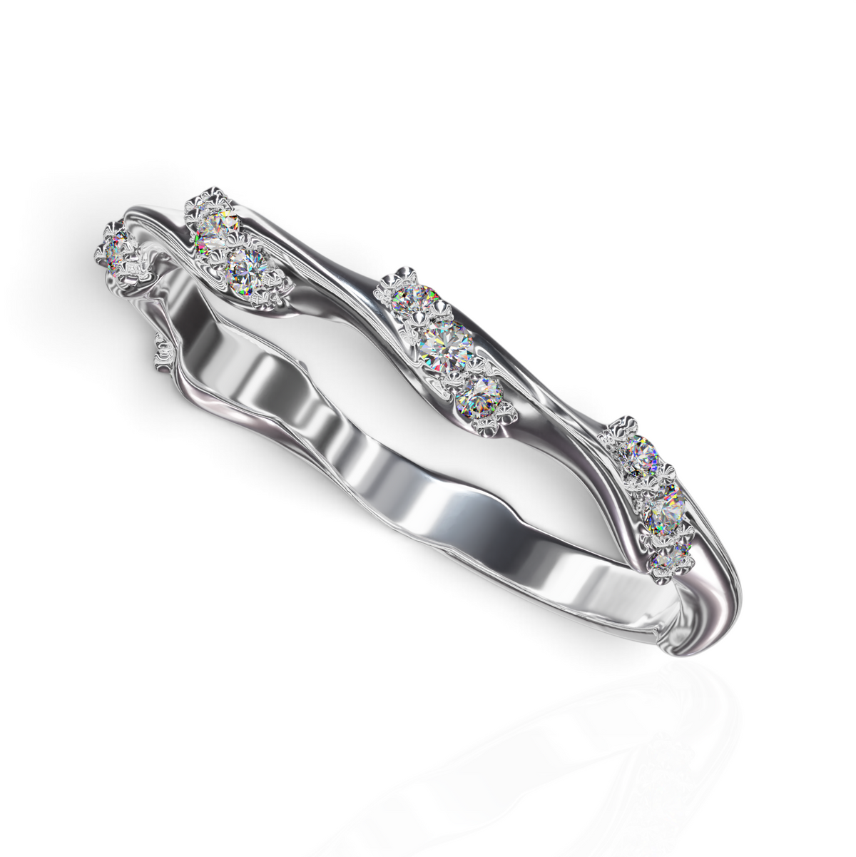 YFS Designs Fabi organic stackable wedding band in 14K white gold with 0.14tw lab-grown round diamonds on a 2mm wavy band
