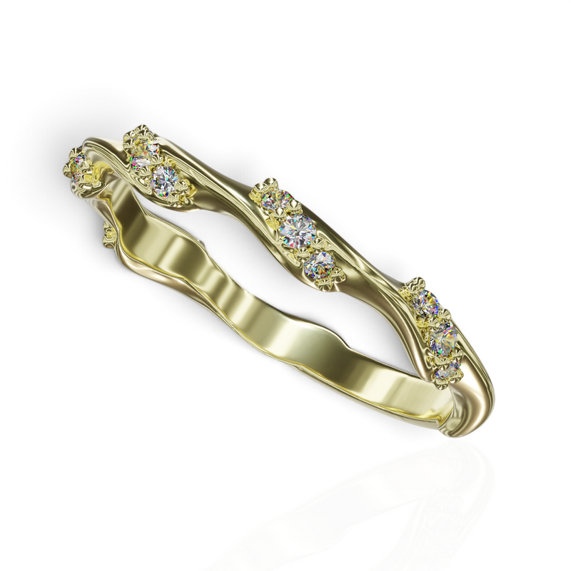 YFS Designs Fabi organic 2mm gold wedding band featuring 0.14tw lab-grown round diamonds in a wavy stackable design