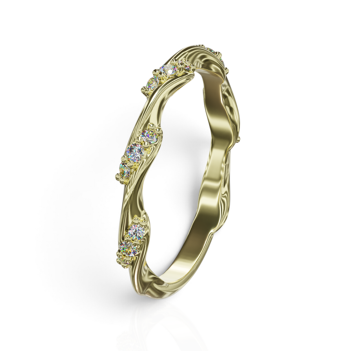 YFS Designs Fabi organic 2mm gold stackable wedding band featuring 0.14tw lab-grown round diamonds in a wavy setting.