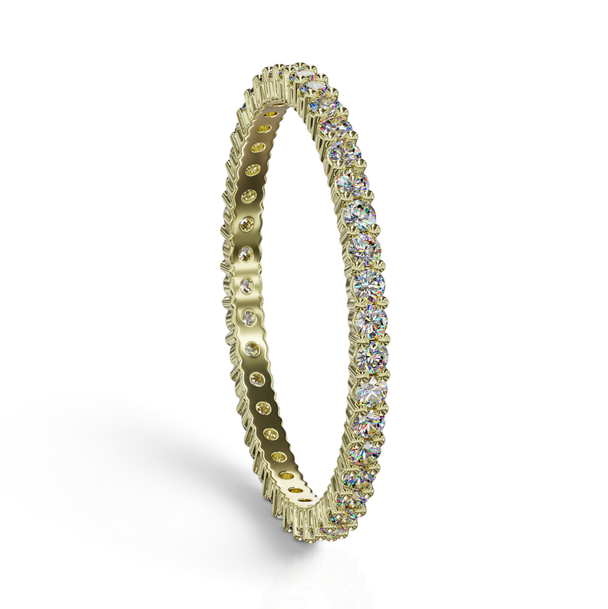 YFS Designs 1.5mm traditional eternity band featuring a full circle of sparkling round diamonds in yellow gold