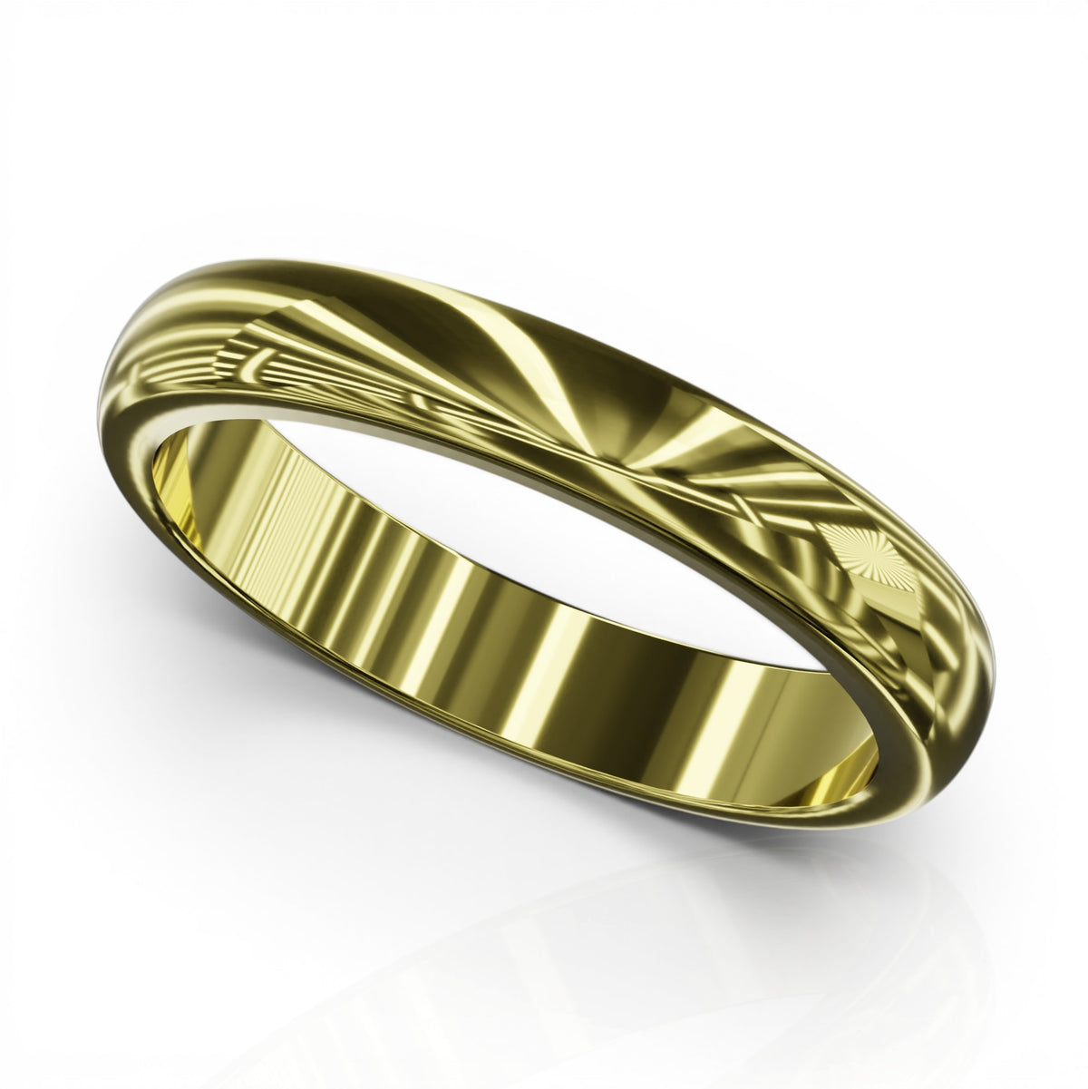 YFS Designs 3mm comfort fit gold wedding band with a polished reflective finish