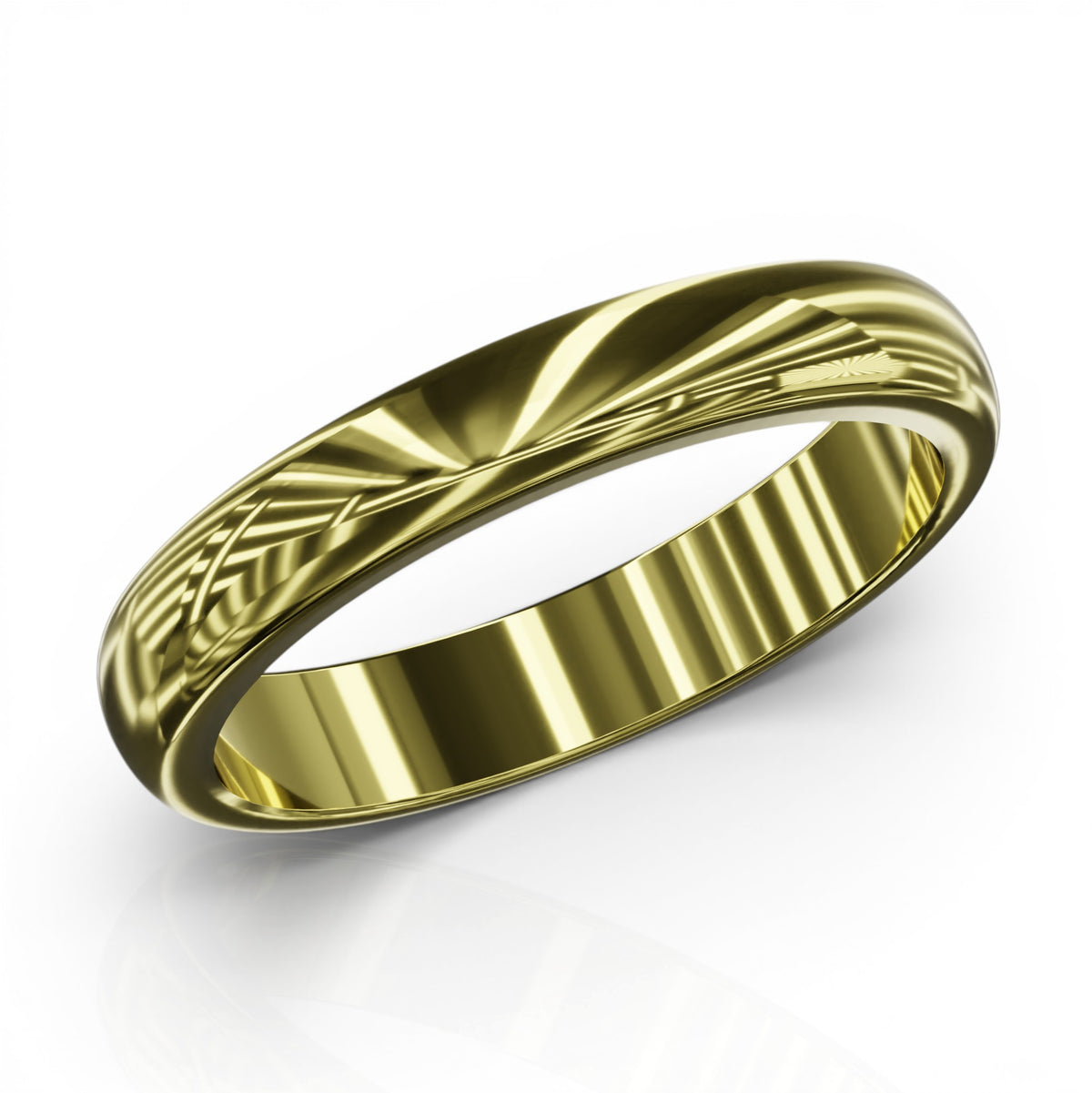 YFS Designs 3mm comfort fit gold wedding band with a polished finish and subtle textured detailing