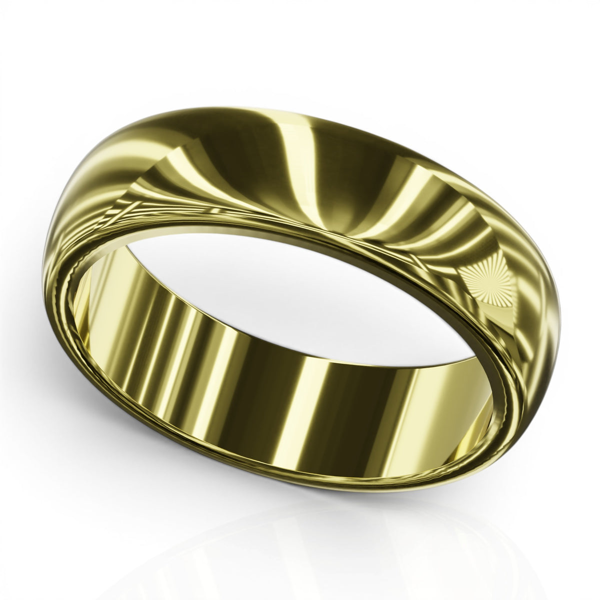 YFS Designs 5mm gold wedding band with a high-polish domed profile and smooth comfort-fit interior.