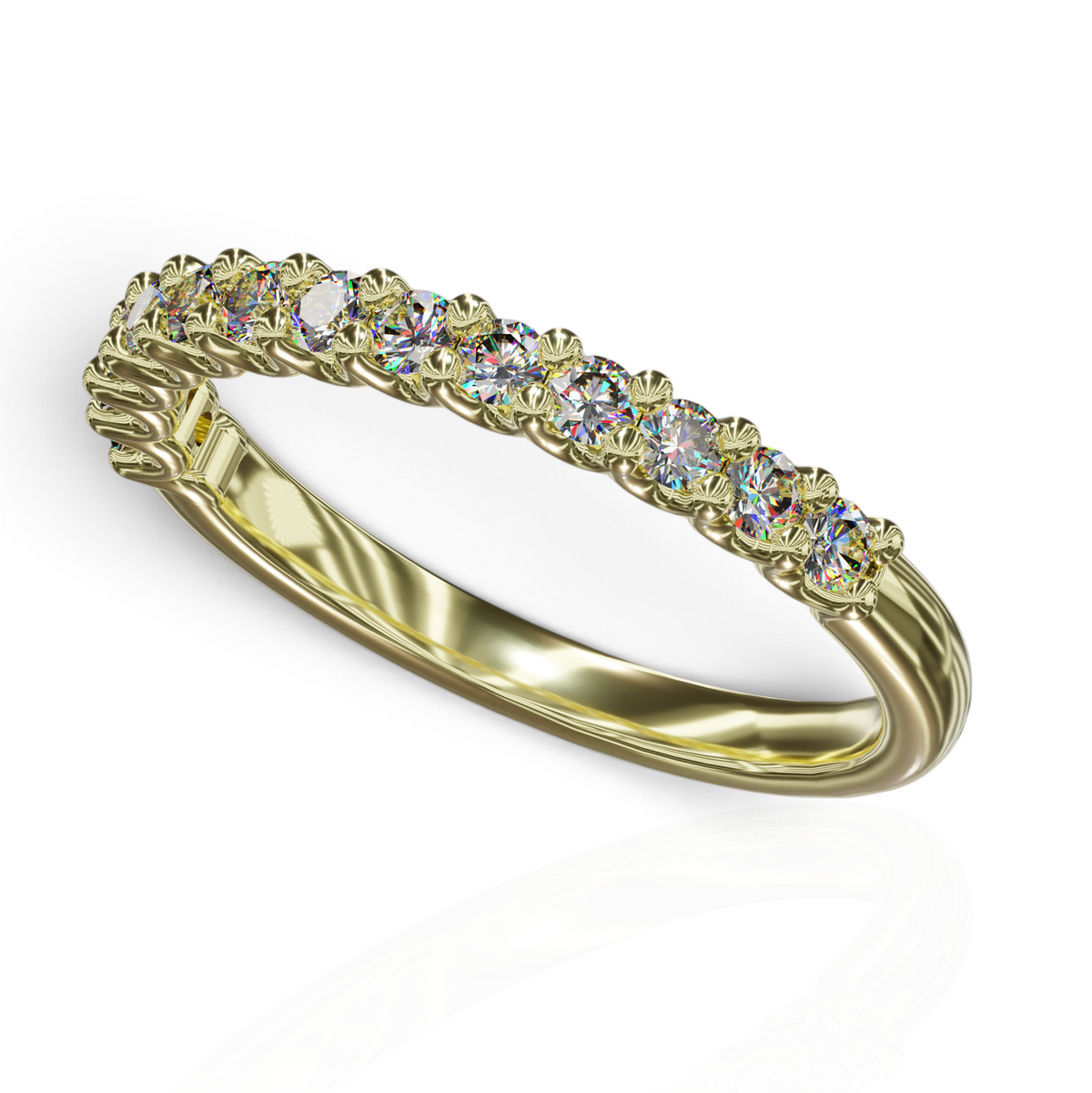 YFS Designs Angeline half coverage wedding band in yellow gold with 0.39tw lab-grown round diamonds in U-prong setting