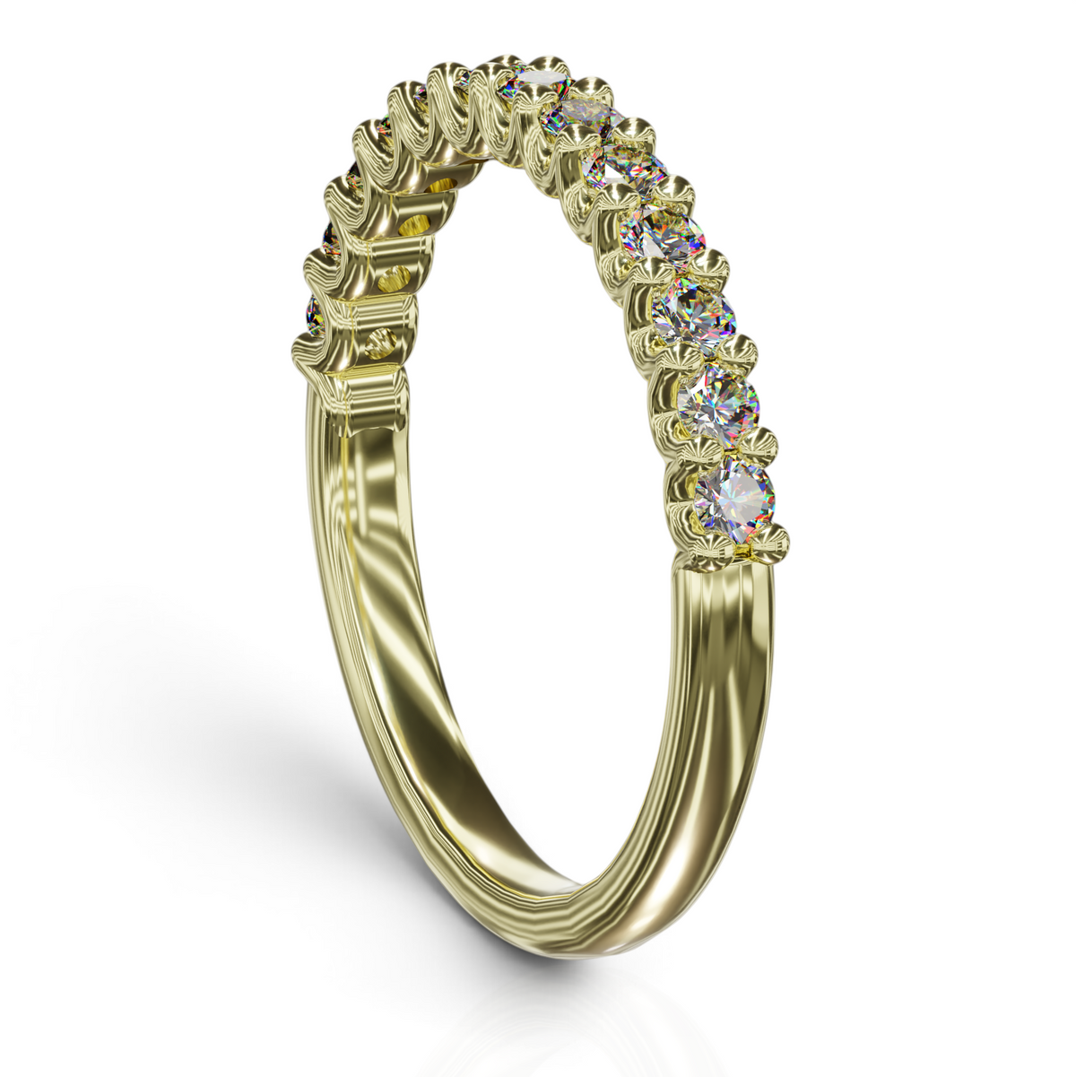 YFS Designs Angeline half coverage wedding band in yellow gold with 0.39tw lab-grown round diamonds in U-prong setting