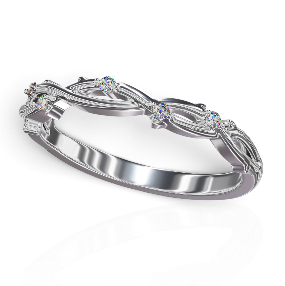 YFS Designs Bella 3mm 14K white gold stackable wedding band with vine-inspired metalwork and lab-grown round diamonds.