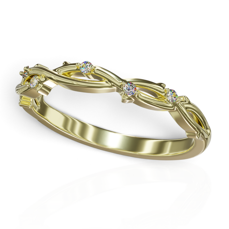 YFS Designs Bella gold wedding band featuring a vine-inspired twisted design with lab-grown round diamonds.