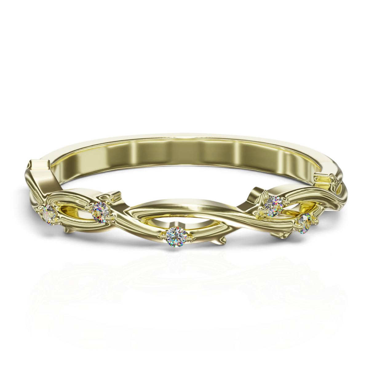 YFS Designs Bella gold wedding band with a vine-inspired twisted design and sparkling lab-grown round diamonds.