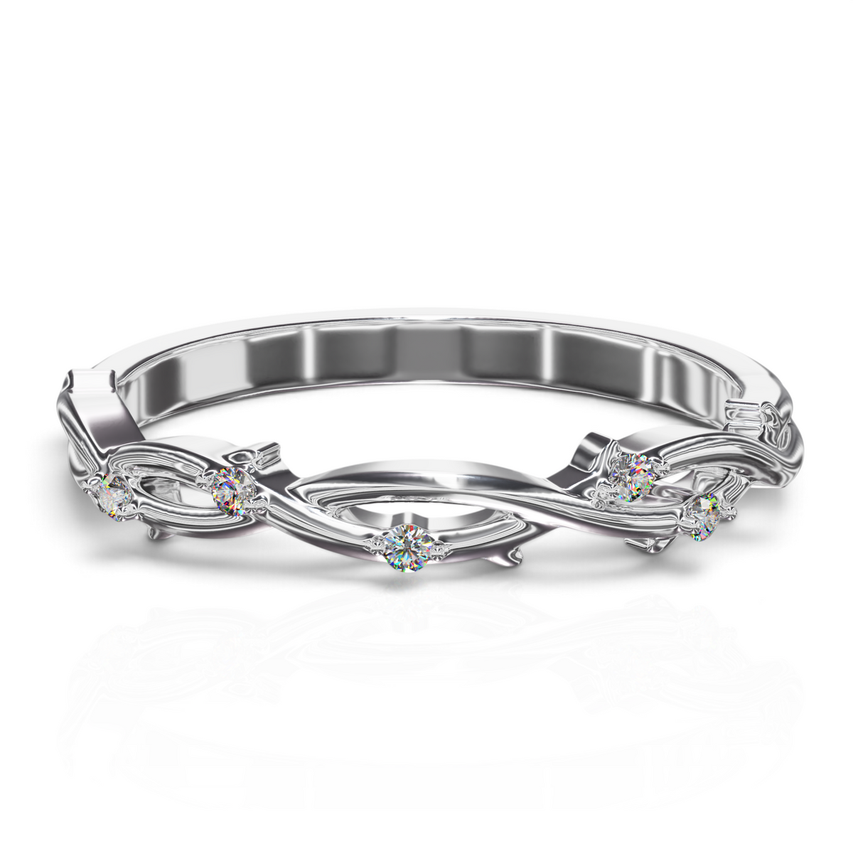 YFS Designs Bella 3mm 14K white gold stackable wedding band with vine-inspired twisted metalwork and lab-grown diamonds.