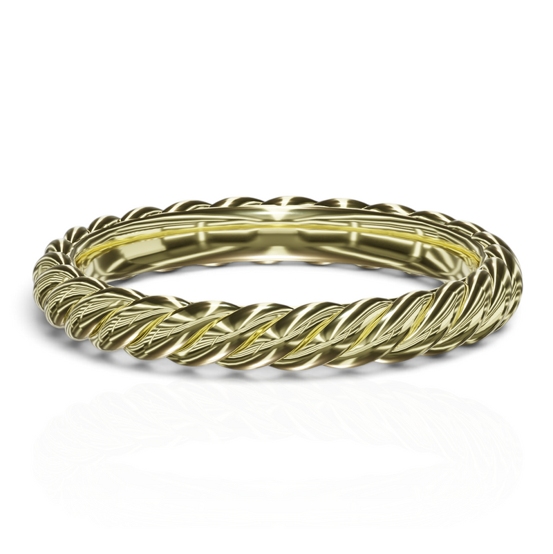 YFS Designs Briar 3mm gold stackable band ring featuring a detailed braided rope texture design.