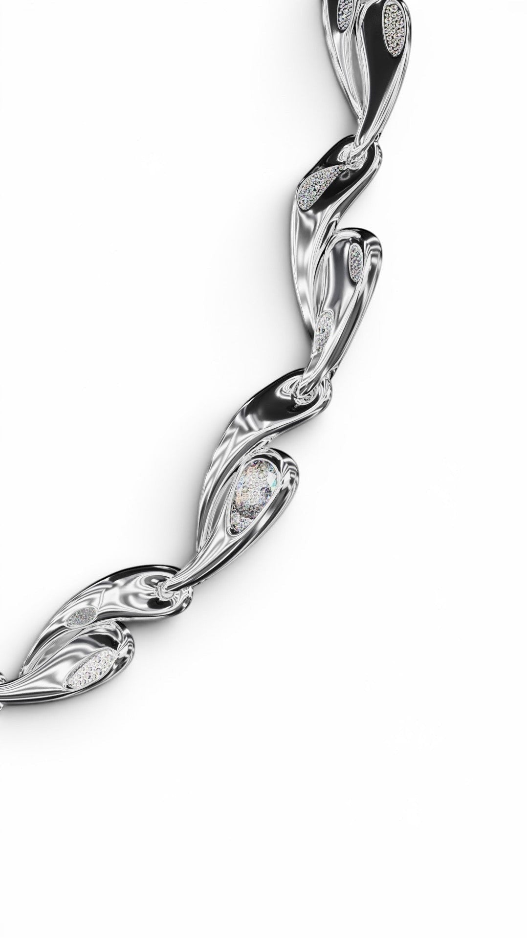 YFS Designs Cascade silver necklace with wave-like links, faceted crystal quartz, and white moissanite melee diamonds.