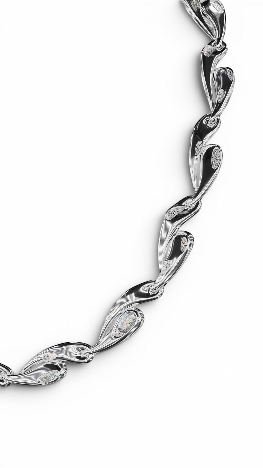 YFS Designs Cascade silver necklace with wave-like links, faceted crystal quartz, and white moissanite melee diamonds.