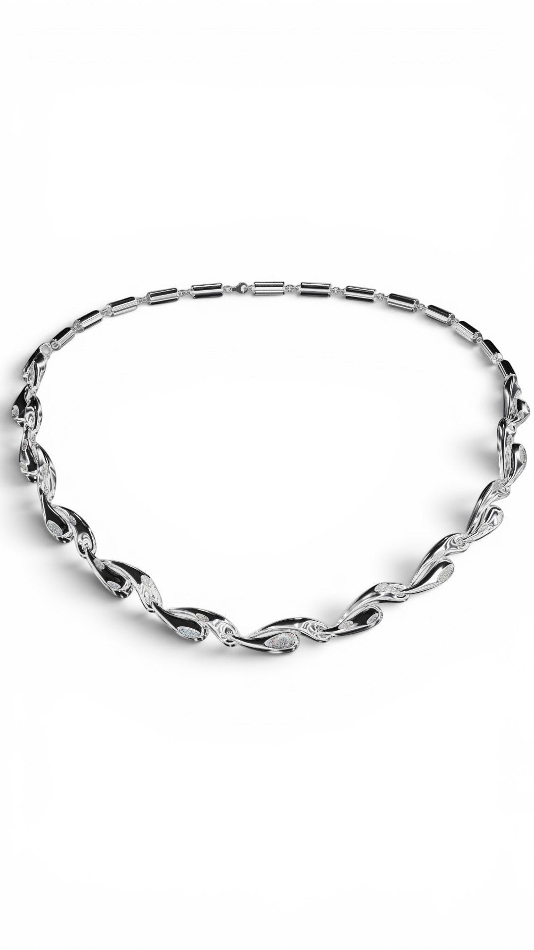 YFS Designs Cascade silver necklace featuring wave-like links with faceted crystal quartz and white moissanite diamonds
