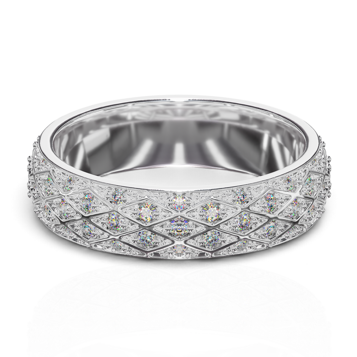 YFS Designs Constella 5mm 14K white gold dome band featuring a sophisticated diamond-cut lattice pattern with sparkling gems.