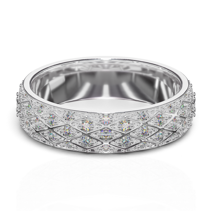 YFS Designs Constella 5mm 14K white gold dome band featuring a sophisticated diamond-cut lattice pattern with sparkling gems.