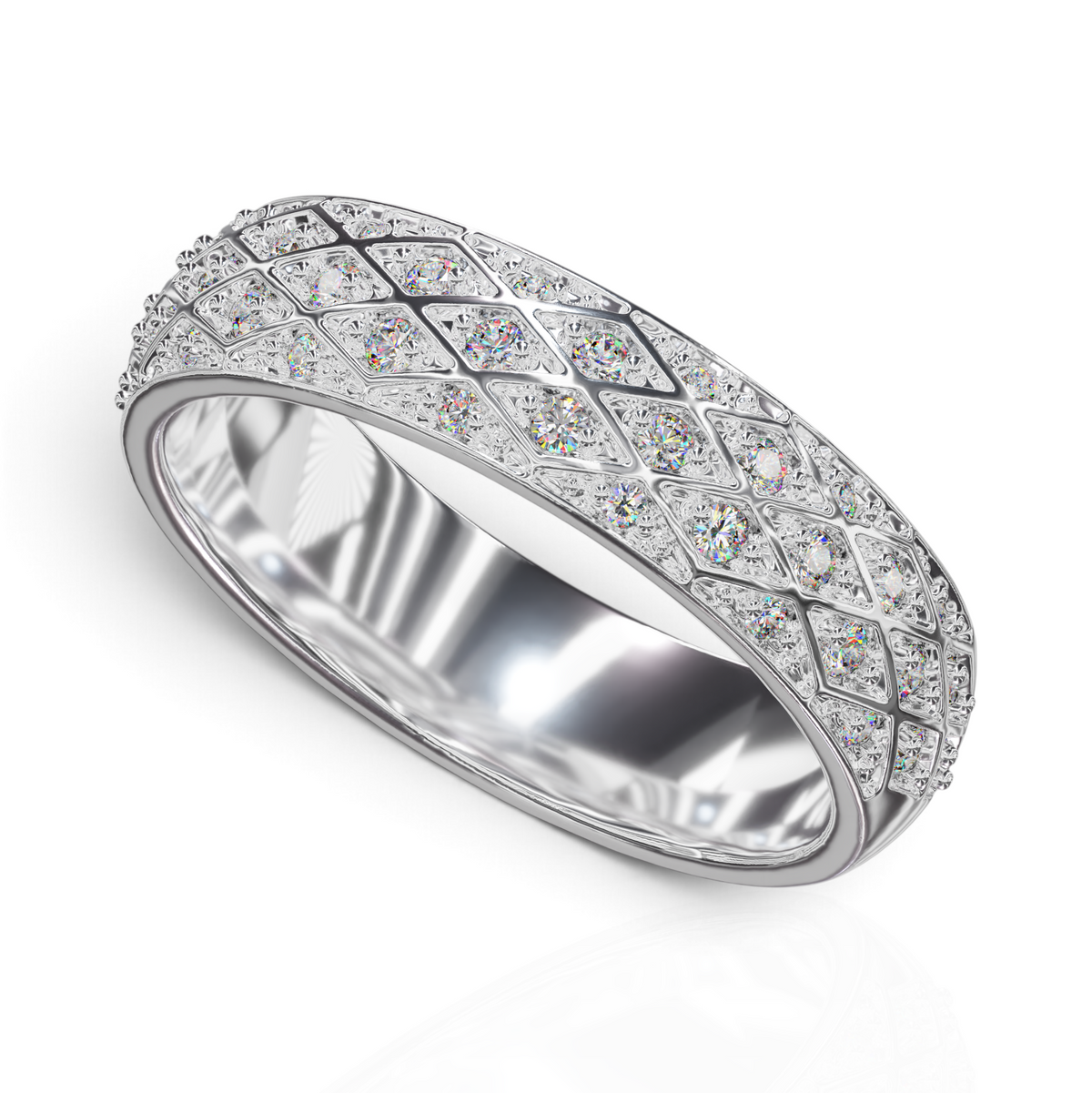 YFS Designs Constella dome statement band in 14K white gold with a diamond-cut lattice pattern and pavé set stones.