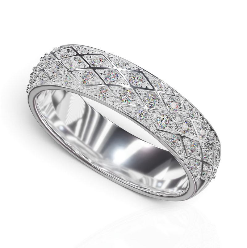 YFS Designs Constella dome statement band in 14K white gold with a diamond-cut lattice pattern and pavé set stones.