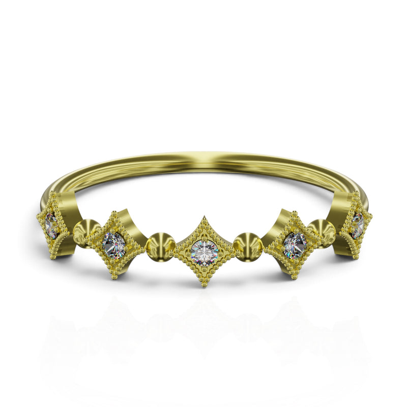 YFS Designs Constela gold band ring featuring 0.09 ct round lab-grown diamonds in a geometric milgrain setting.