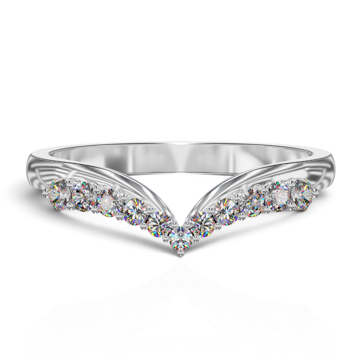 YFS Designs Veronica elegant contoured diamond wedding band in polished white gold with a V-shaped chevron design.