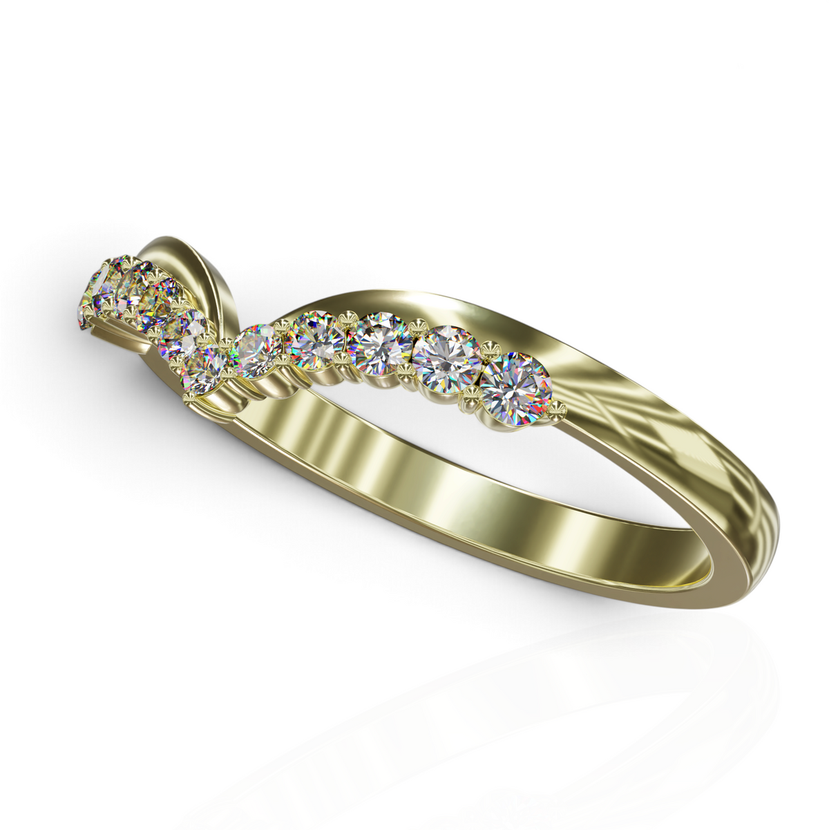 YFS Designs Veronica elegant contoured yellow gold wedding band featuring a row of sparkling round cut diamonds