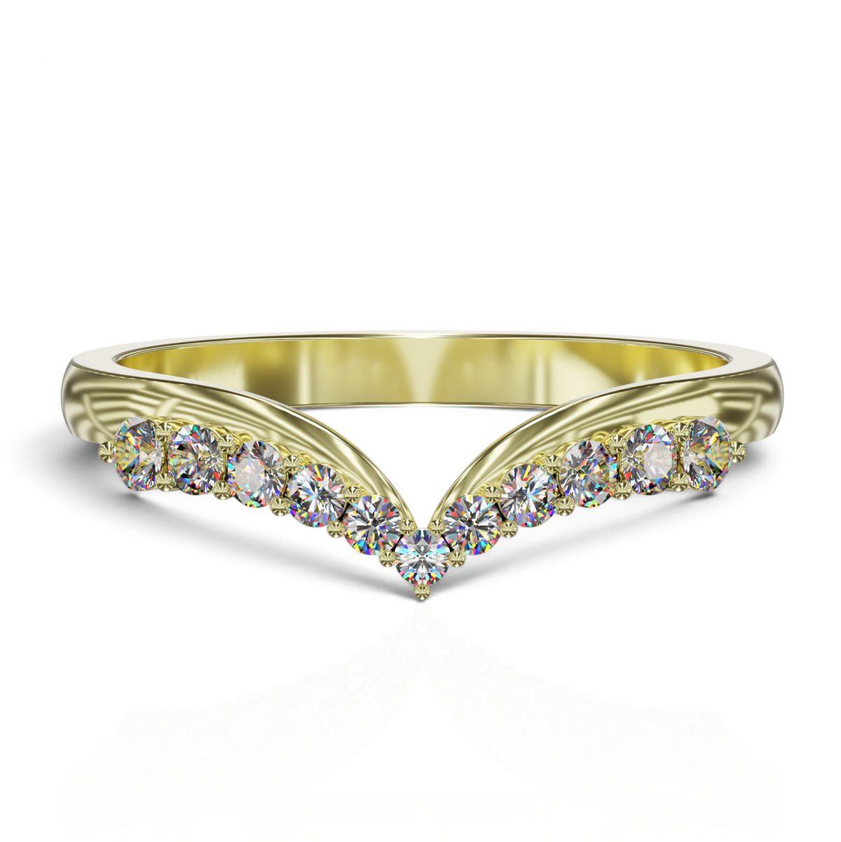 YFS Designs Veronica elegant contoured V-shaped wedding band in yellow gold with sparkling round cut diamonds