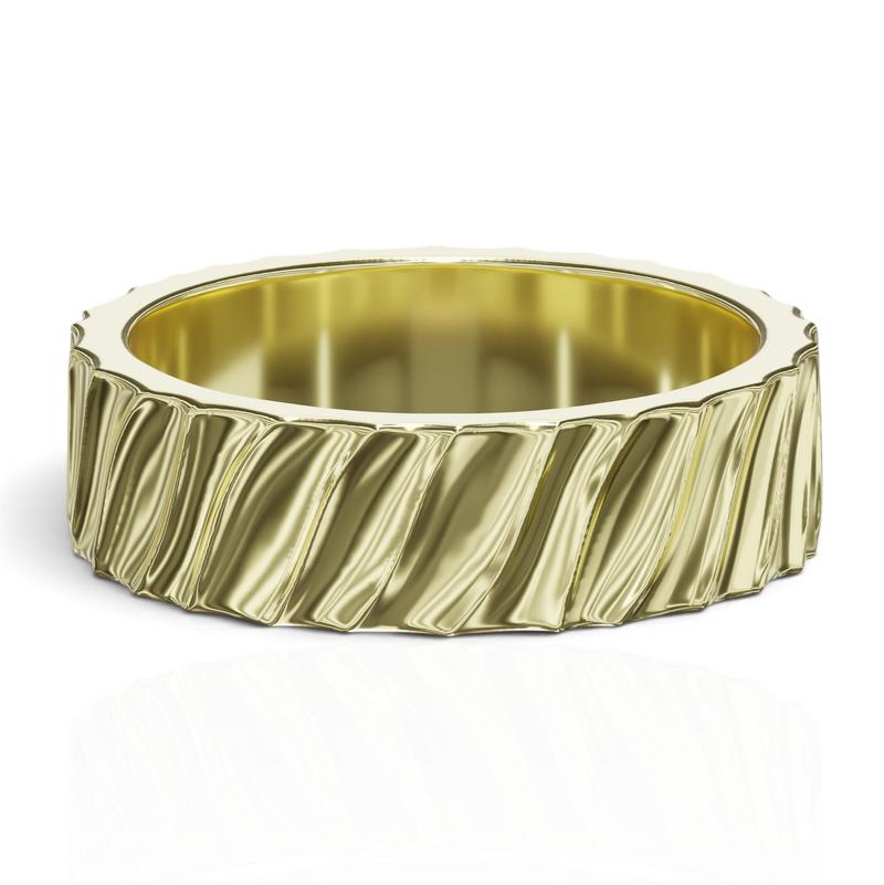 YFS Designs Dylan 6mm gold wedding band featuring a unique wavy textured surface design