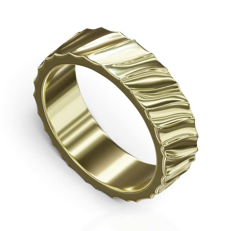 YFS Designs Dylan 6mm gold ring featuring a unique wavy textured band design on a white background
