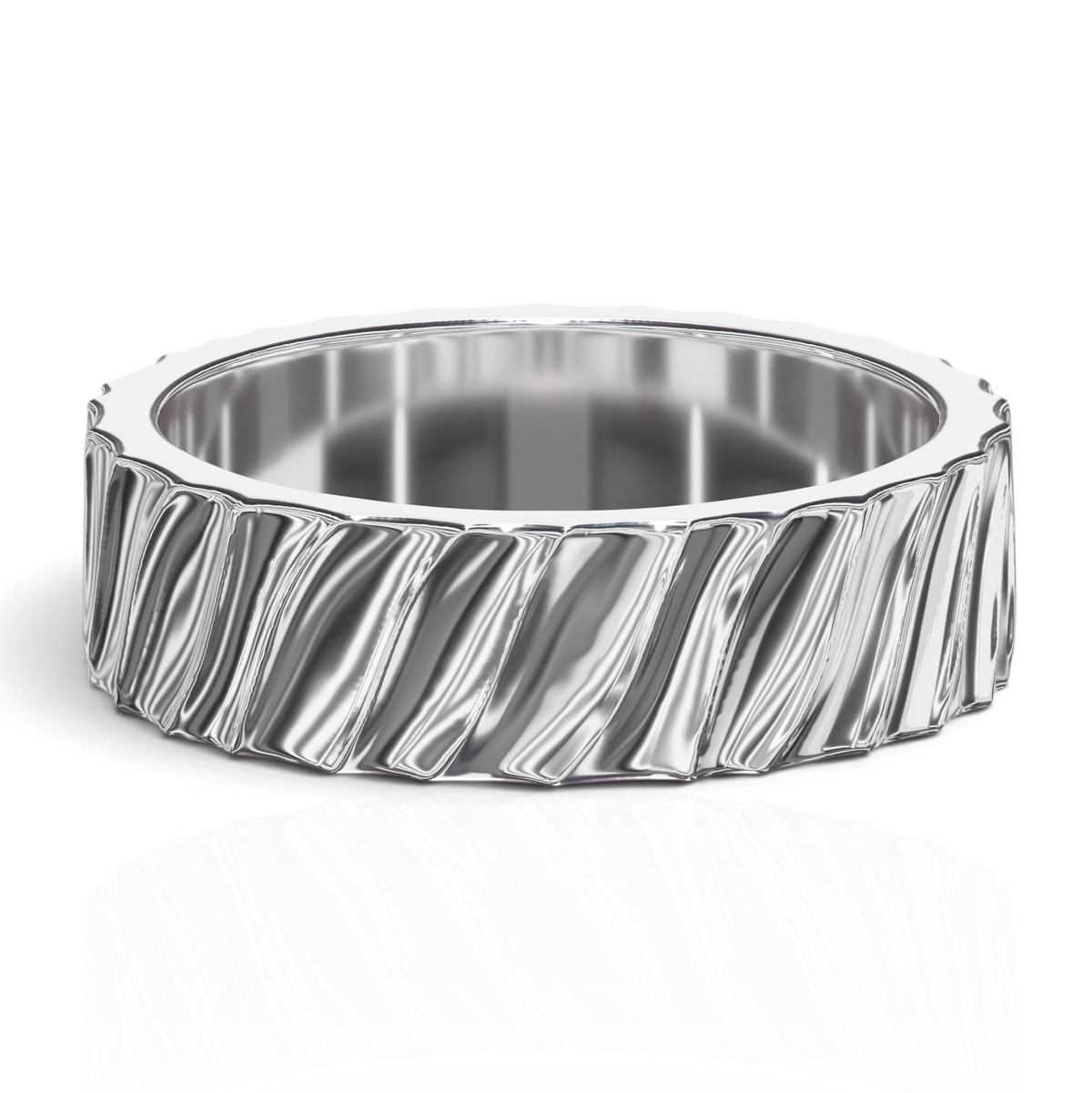 YFS Designs Dylan 6mm 14K white gold ring featuring a wavy textured band with a polished metallic finish
