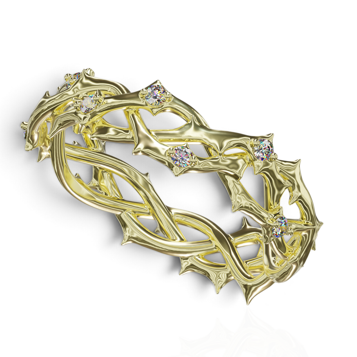 YFS Designs Elijah gold wedding band featuring a detailed woven thorn pattern with embedded sparkling diamonds