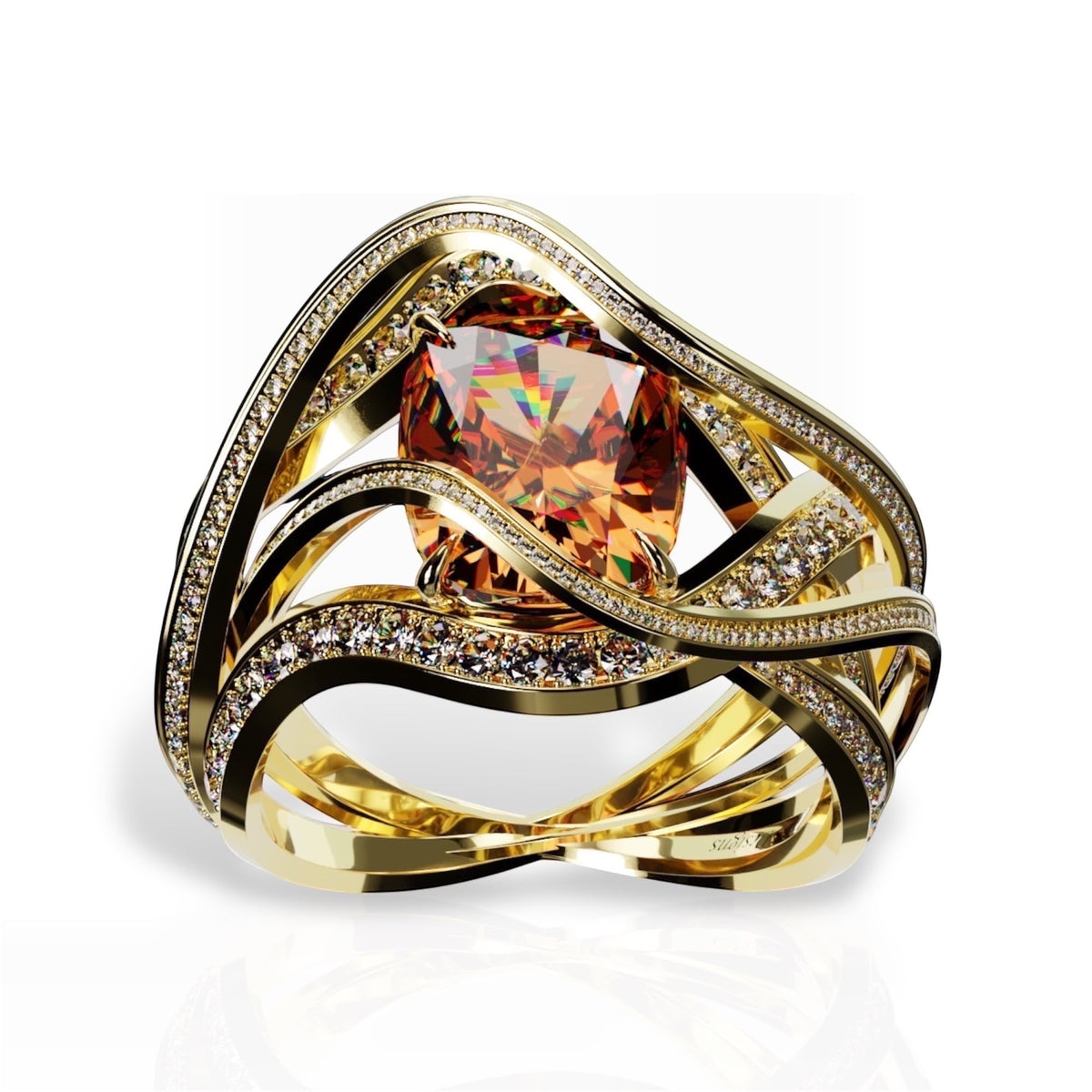 YFS Designs Eternity ring featuring a 10x8.1mm unheated orange cushion hessonite in 14K yellow and white gold.
