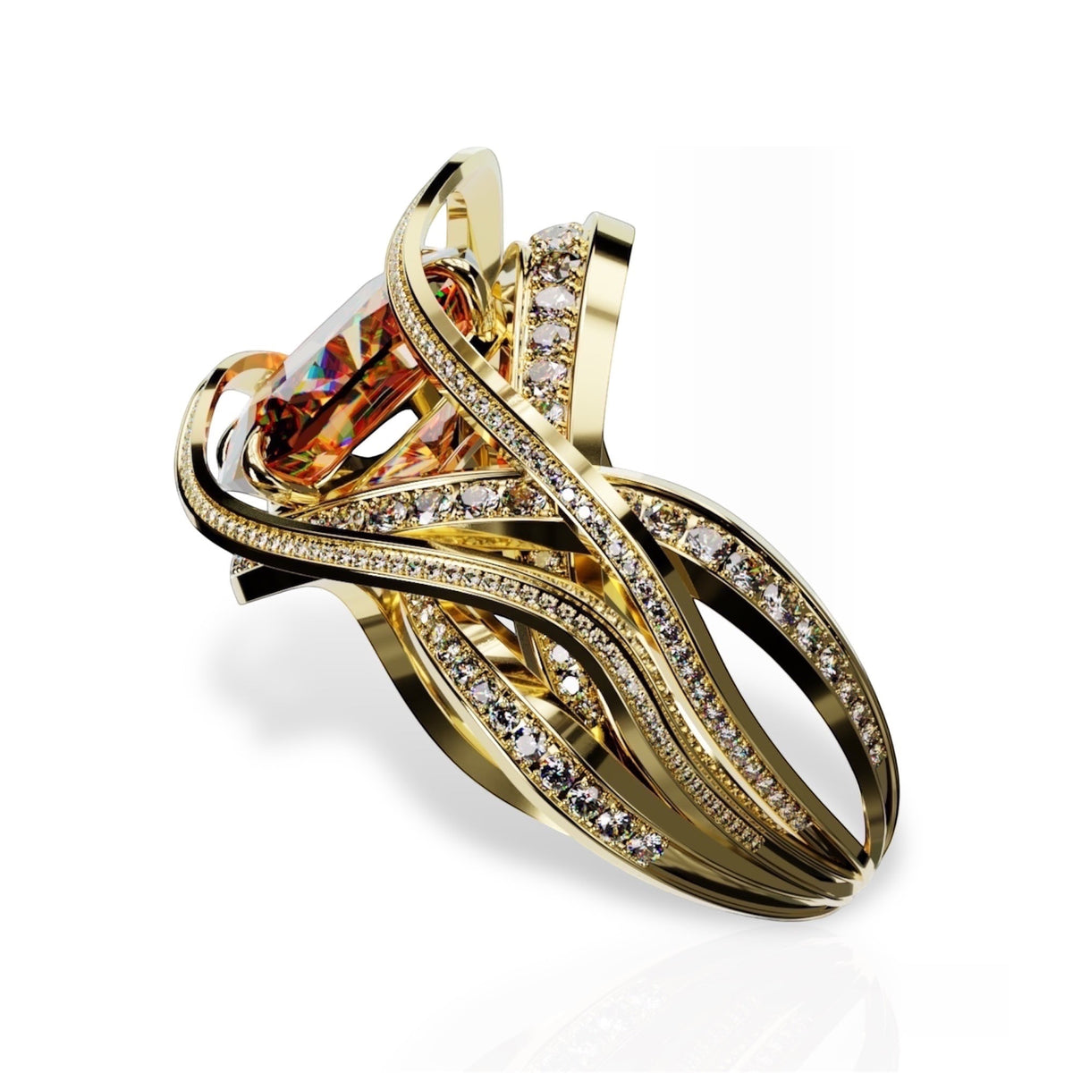 YFS Designs Eternity ring featuring a 10x8.1mm unheated orange cushion hessonite in 14K yellow and white gold.