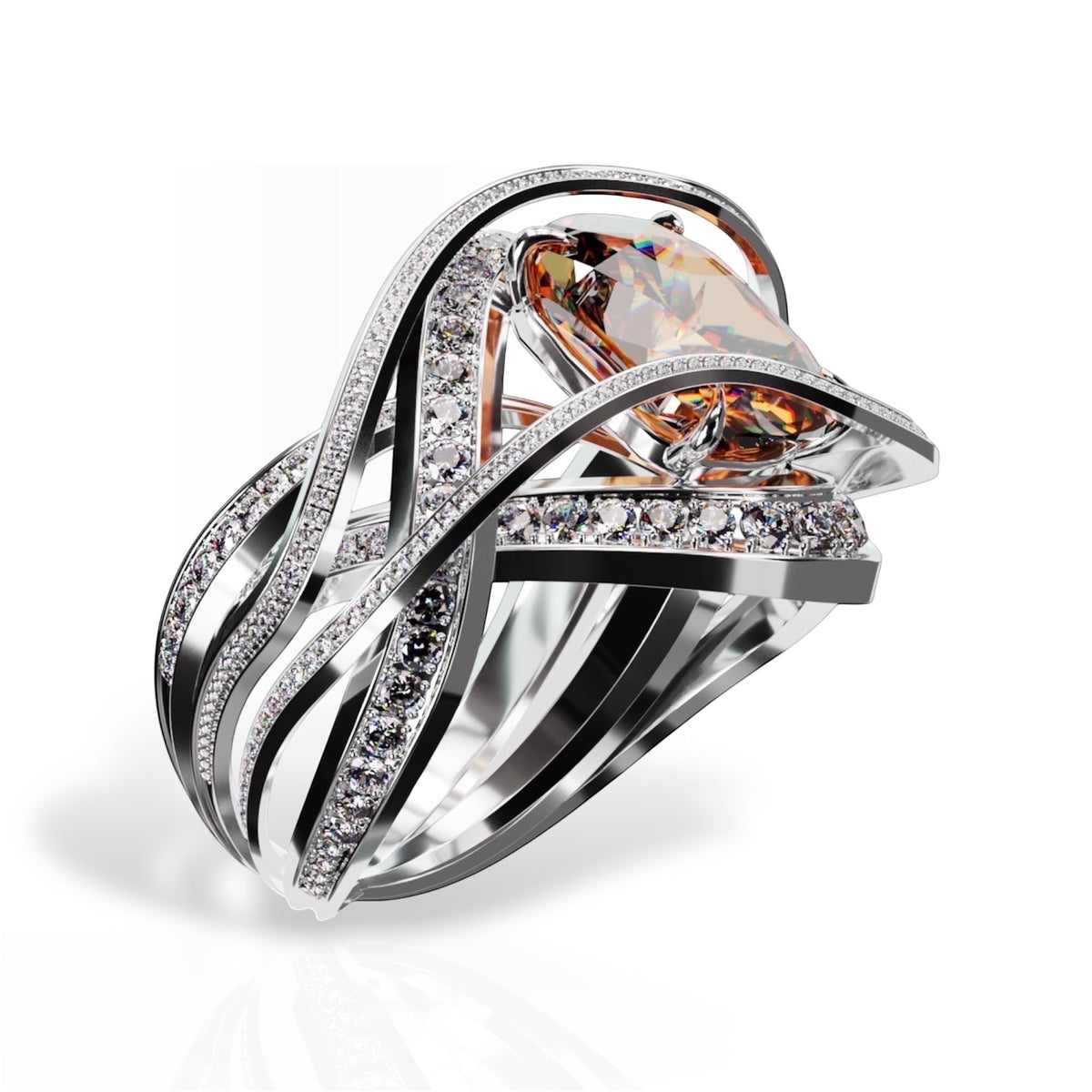 YFS Designs Eternity ring featuring a 10x8.1mm unheated orange cushion hessonite set in 14K yellow and white gold.
