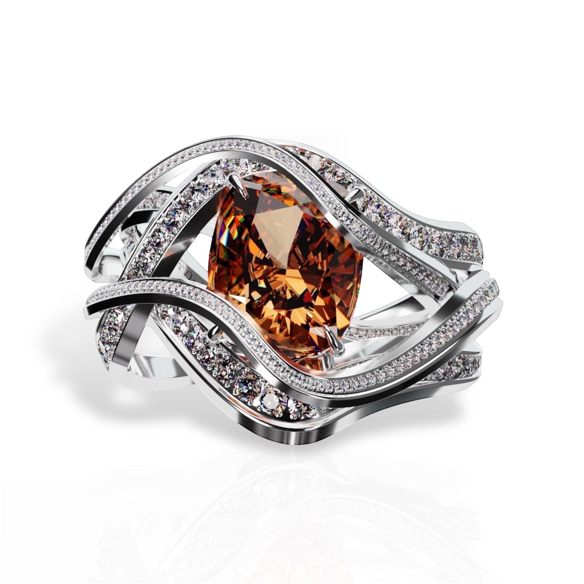 YFS Designs Eternity ring featuring an unheated orange cushion hessonite set in 14K white gold with diamond accents.