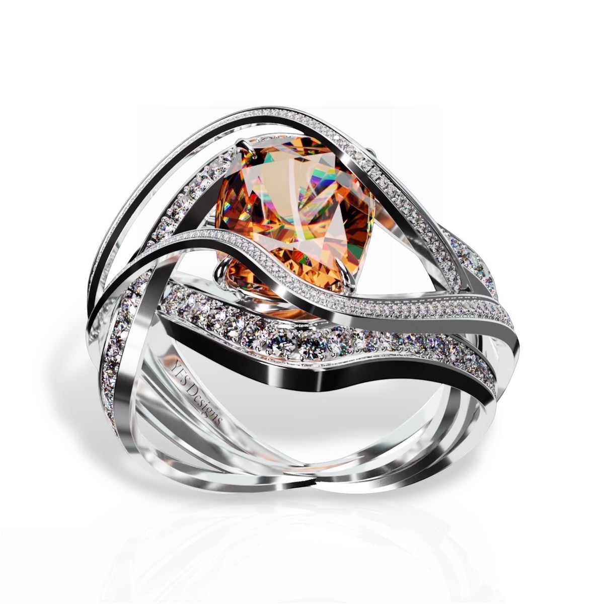 YFS Designs Eternity ring featuring a 10x8.1mm cushion-cut orange hessonite in 14K yellow and white gold with diamonds