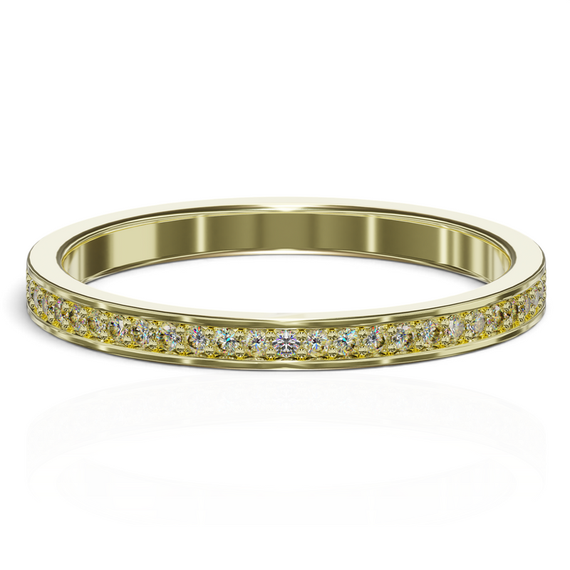 YFS Designs Fira 2mm yellow gold eternity band featuring a continuous row of channel-set lab-grown round diamonds.