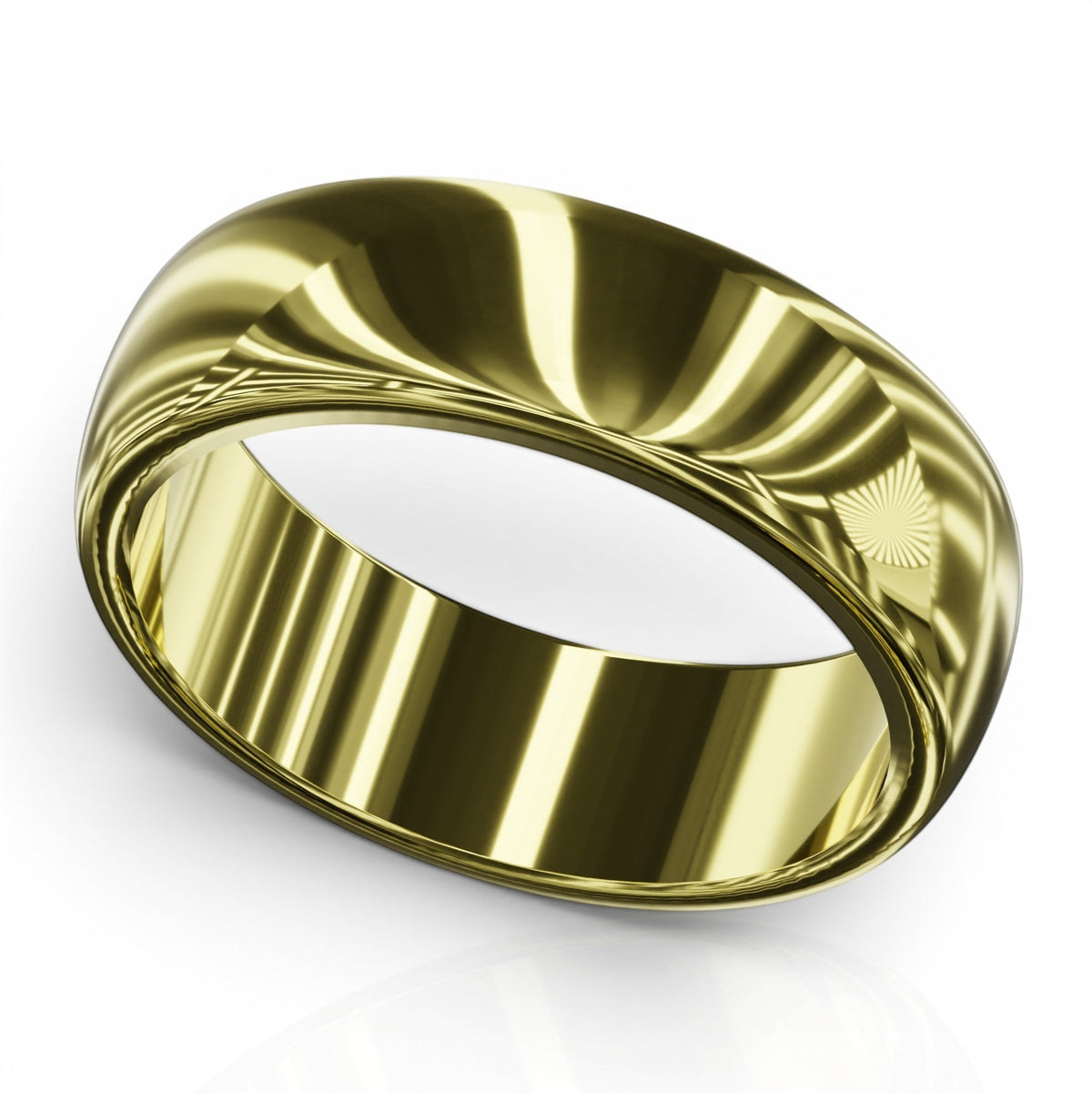 YFS Designs 5.5mm comfort fit gold wedding band with a polished high-shine finish and smooth rounded edges.