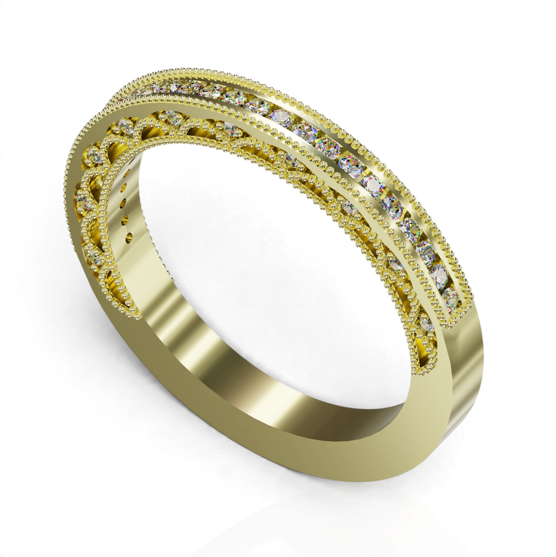 YFS Designs Rhaenyra gold band featuring a channel set diamond row with intricate milgrain detailing
