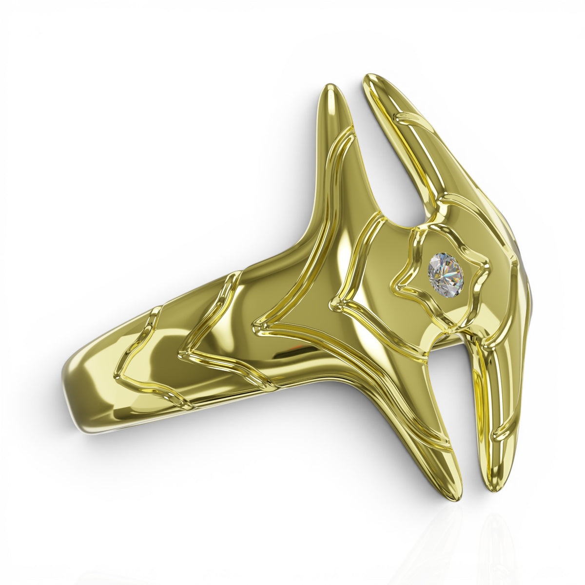 YFS Designs Signature logo ring in polished gold featuring an intricate geometric design and a 1mm round diamond.