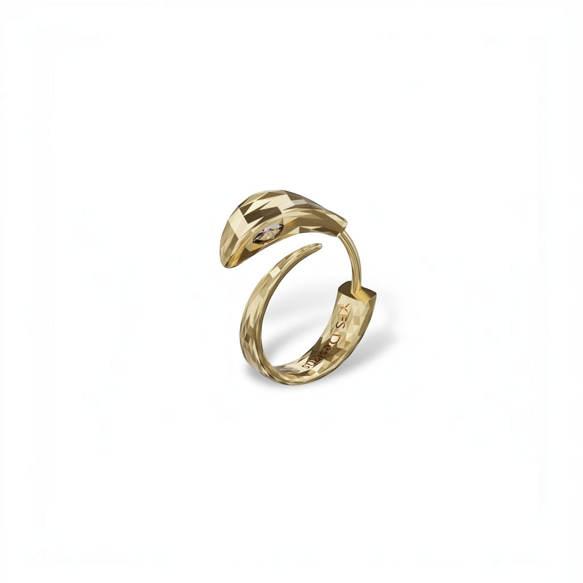 YFS Designs gold snake huggie earring with a faceted texture and a sparkling moissanite stone accent.